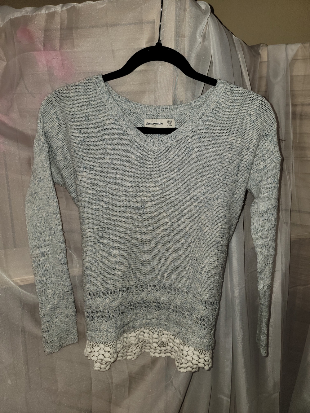 Abercrombie & Fitch Light Blue V-Neck Knit Sweater with Crochet Hem